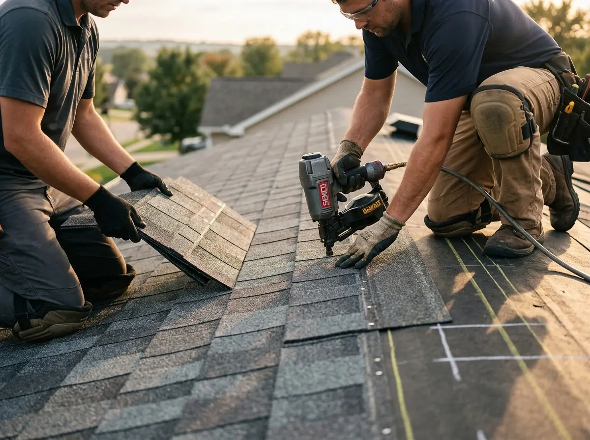 Professional roofer working on a residential roof in Morgantown